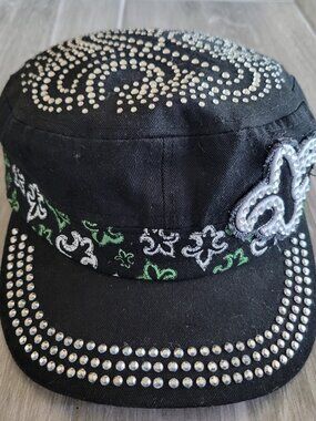 WOMENS MILITARY CADET CAP HAT BLACK 100% COTTON FLEUR DE LIS BLING RHINESTONES